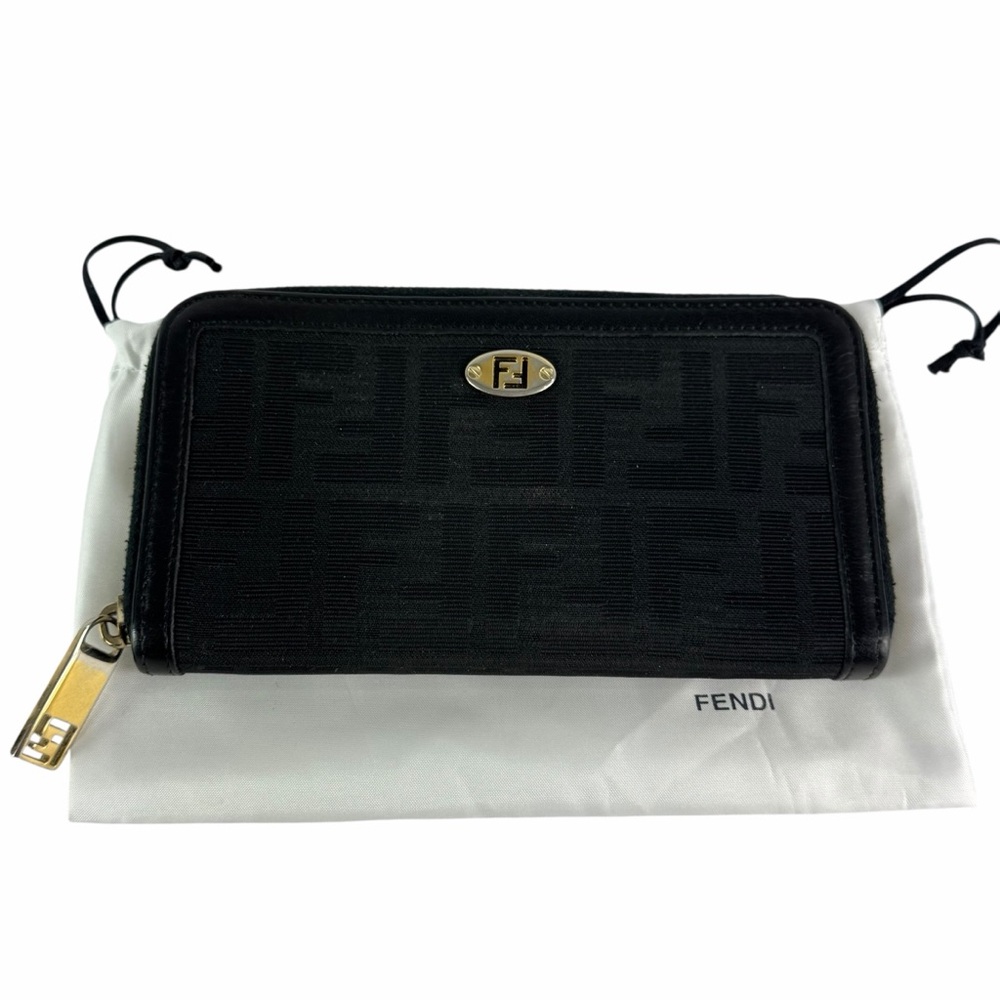 FENDI Zucca Zippy Wallet Black Canvas Leather Zip Around Continental Wallet